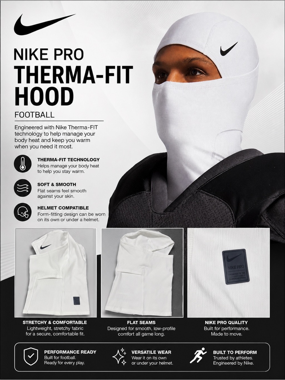 Nike Therma-FIT Hooded Football Ski Mask - White with Black Swoosh